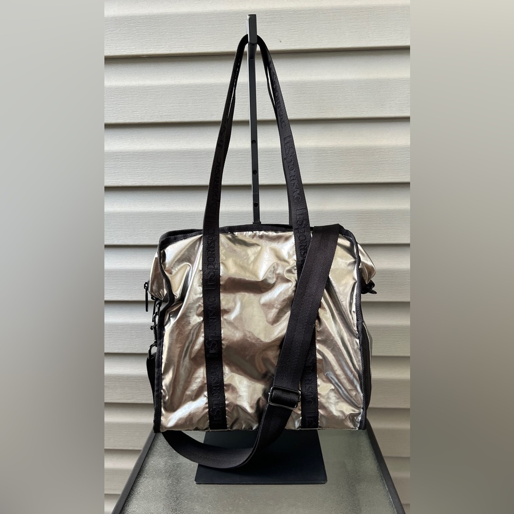LeSportsac Gabrielle Silver Metallic Black Tape Trim Medium Crossbody Tote Bag